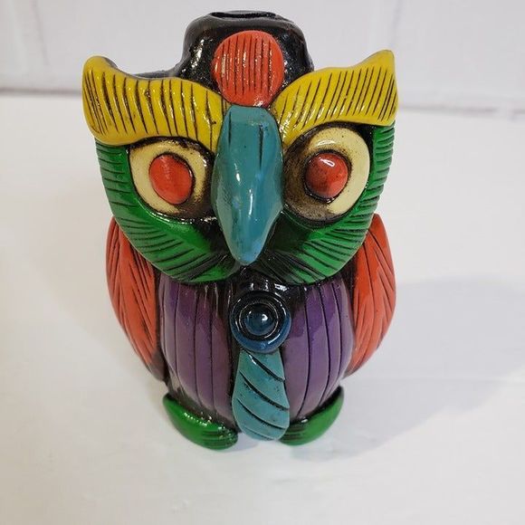 Cool Vintage Aztec Owl with Tie Whistle Black Pottery 4" Red Eyes Folk Art Decor - Picture 1 of 11